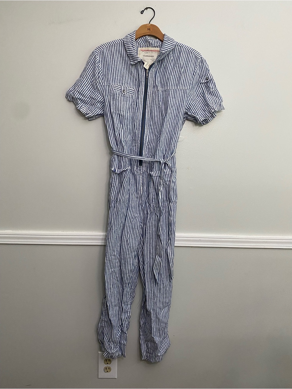 Anthropologie Cartonnier Linen Blue and White Stripe Jumpsuit‎ - M